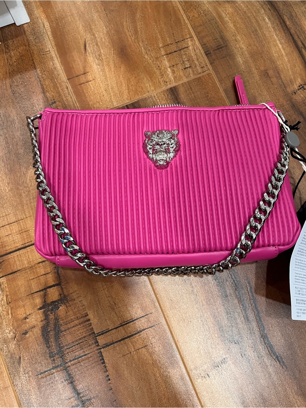 Plein Sport Pink Quilted Chain Shoulder Bag with Tiger Emblem